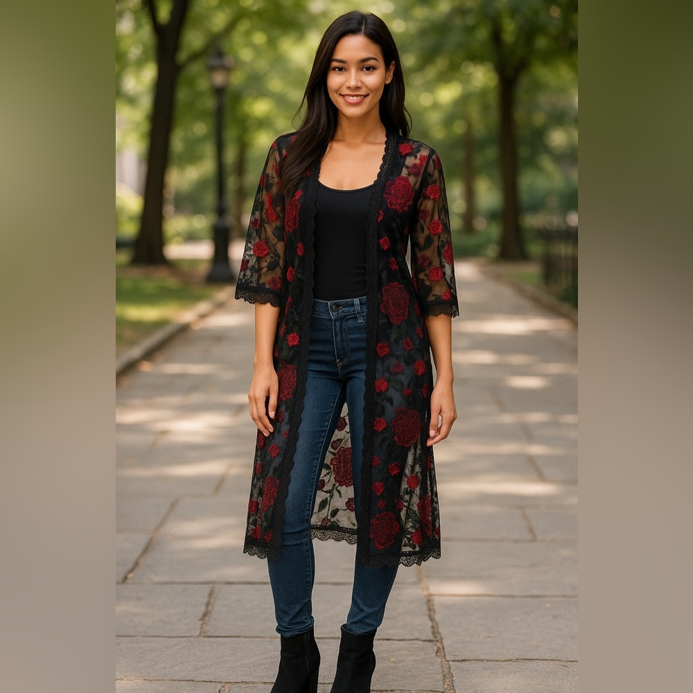 LuLaRoe Black and Red Floral Lace Robe